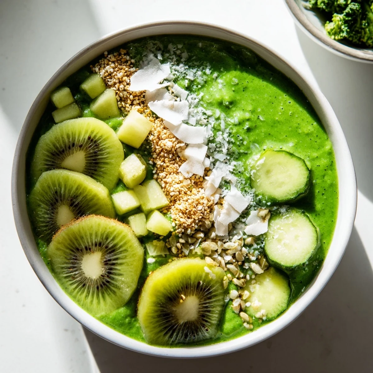 A delicious Green Smoothie Bowl featuring avocado and fresh kiwi slices, ready for a nutritious snack.