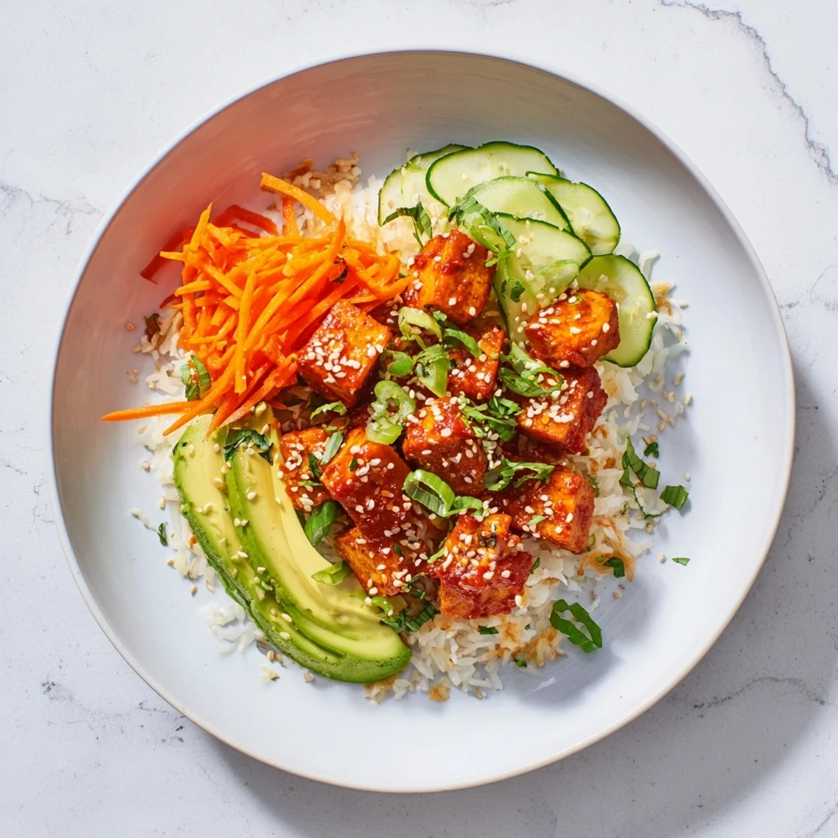 Spicy chili-mayo sauce coats the baked tofu in these flavorful vegetarian bowls.