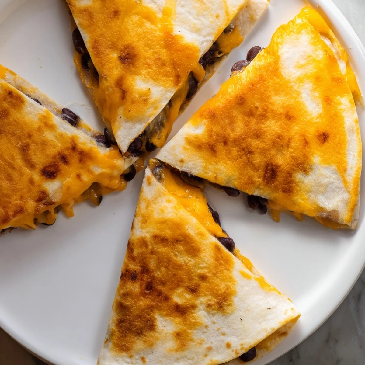 Golden, melty cheese and bean filling spilling from a crispy Bean & Cheese Quesadilla, ready to enjoy.