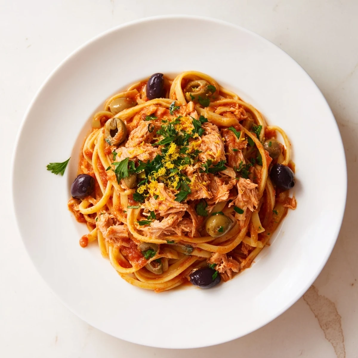 Pasta with Tuna, Olives & Capers, a flavorful dish with flaky tuna and Kalamata olives.