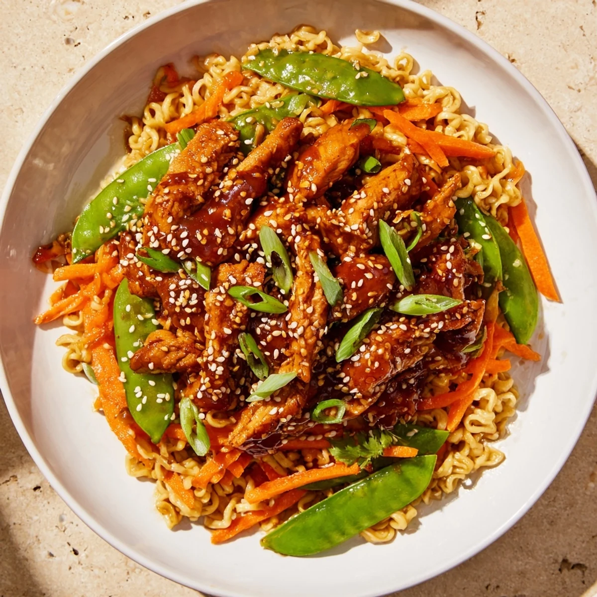 A delicious close-up of sheet-pan crispy ramen, featuring chicken and vibrant, caramelized veggies.