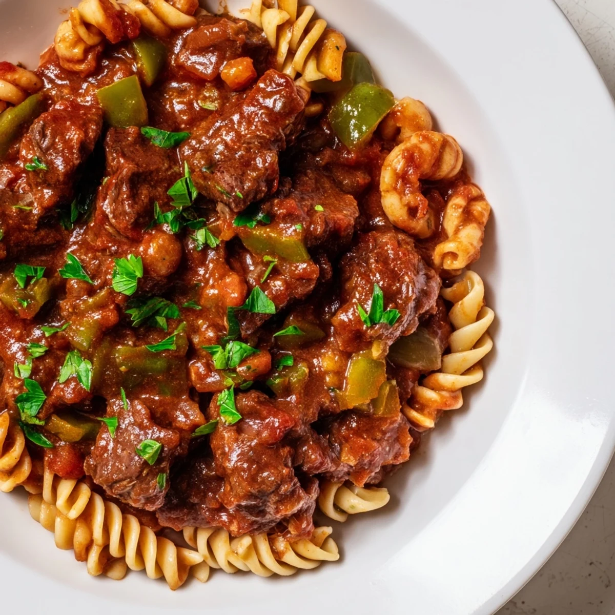 Steaming bowl of goulash with beef and pasta, garnished with fresh parsley, looks hearty and delicious.