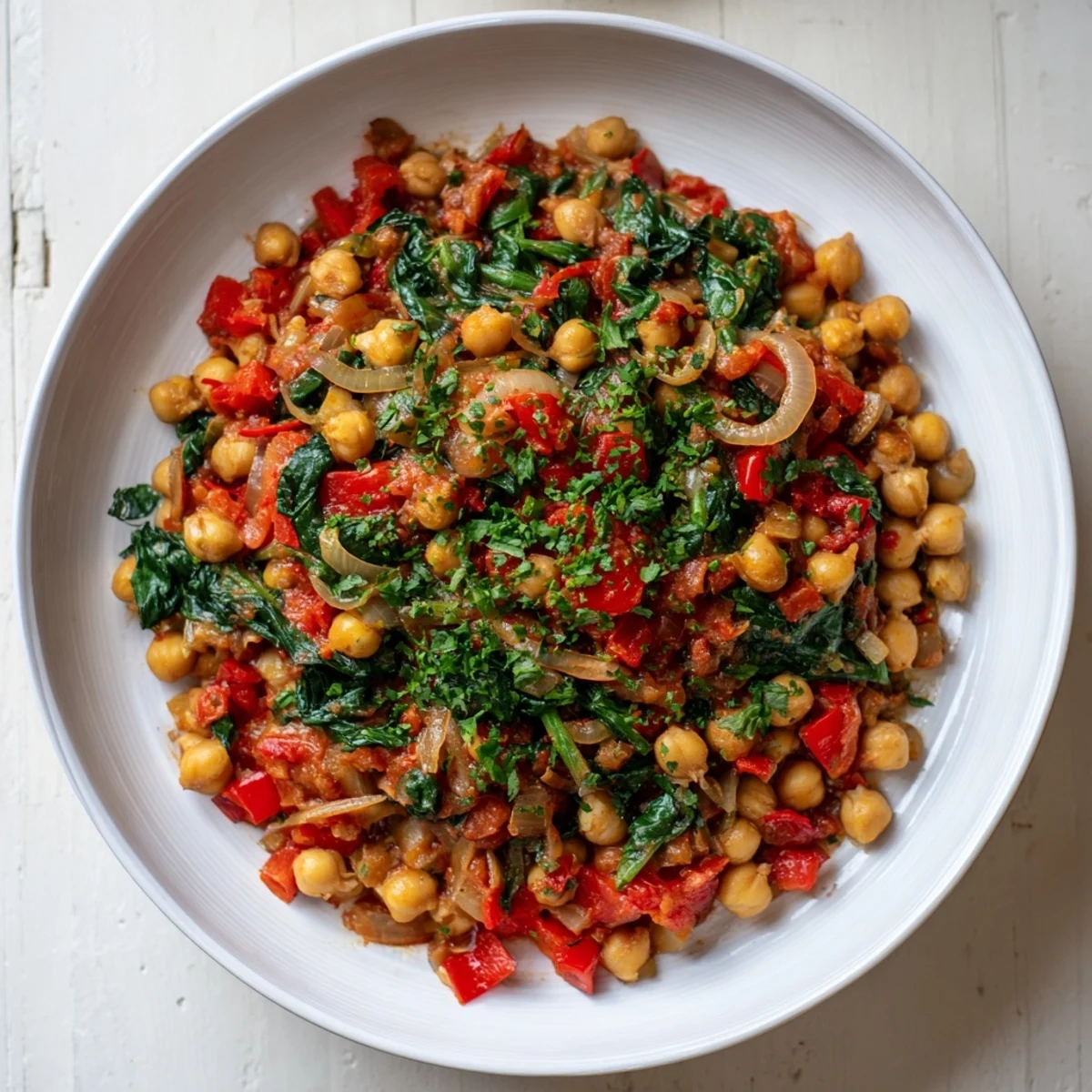 Savory Vegetarian Chickpea & Spinach Skillet, a one-pan meal, is ready to serve with crusty bread.