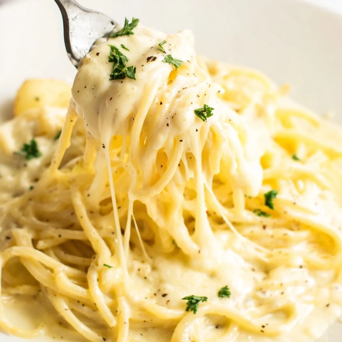 This appealing photo presents a creamy, delicious serving of Creamy Three-Cheese Spaghetti.