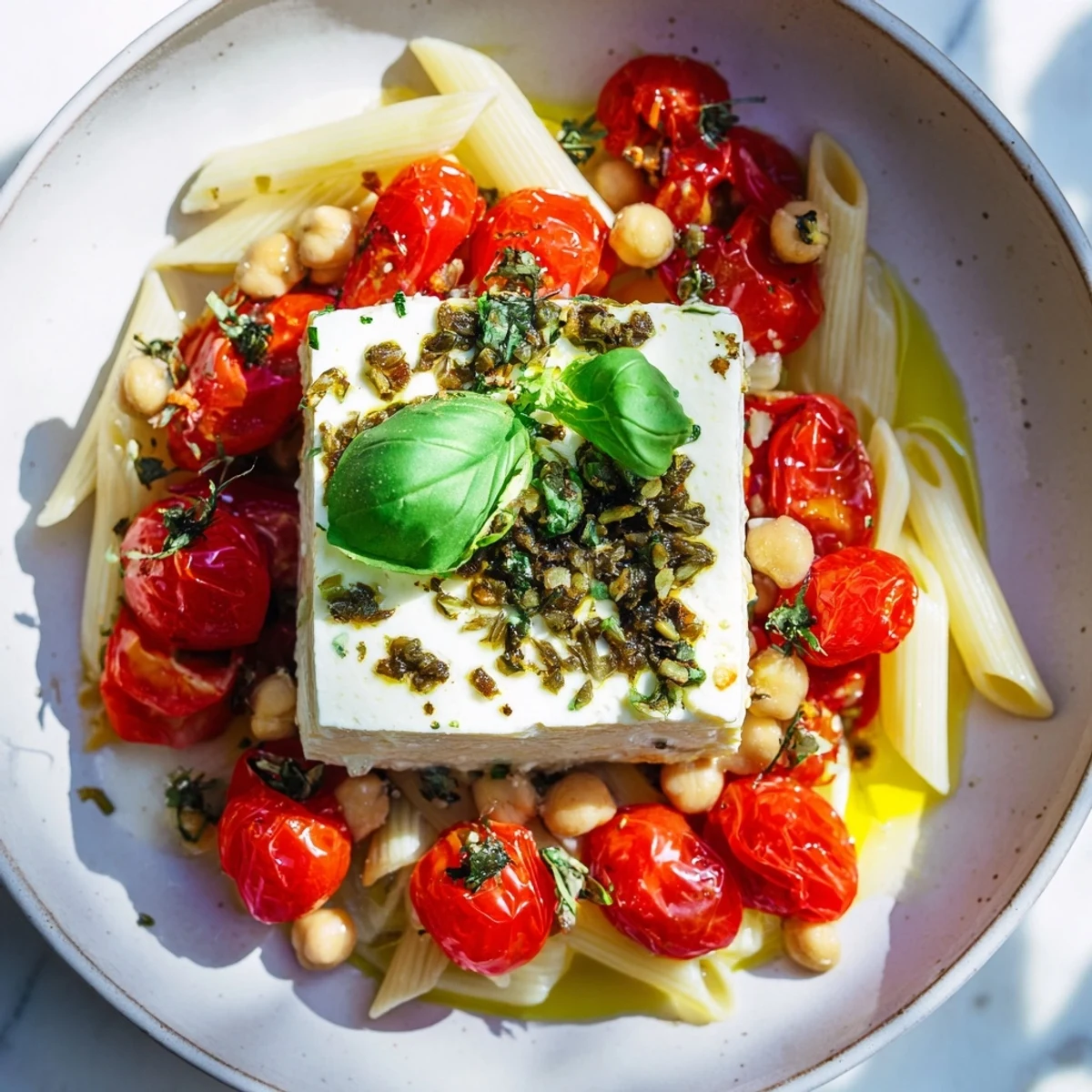 Golden baked feta chickpeas and tomatoes, served warmly over pasta, ready to eat.