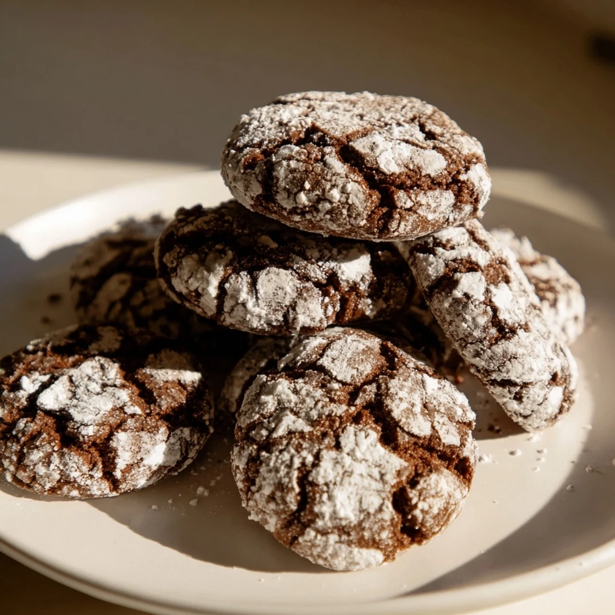 Freshly baked Chocolate Gingerbread Crinkle Cookies dusted with powdered sugar, ready to eat.