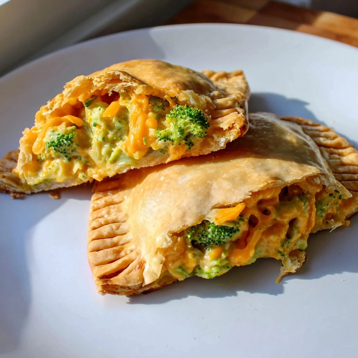 Golden brown Broccoli Cheddar Quiche-less Hand Pies, filled with creamy, cheesy broccoli—a perfect vegetarian snack.