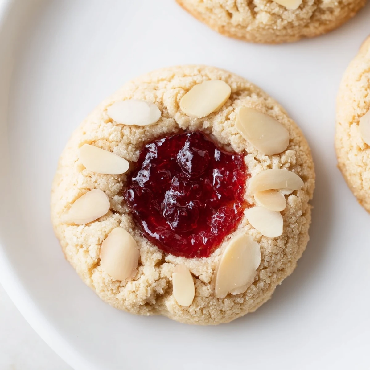 Golden-brown cherry almond thumbprint cookies, perfect for dessert, filled with sweet, red jam awaiting diners.