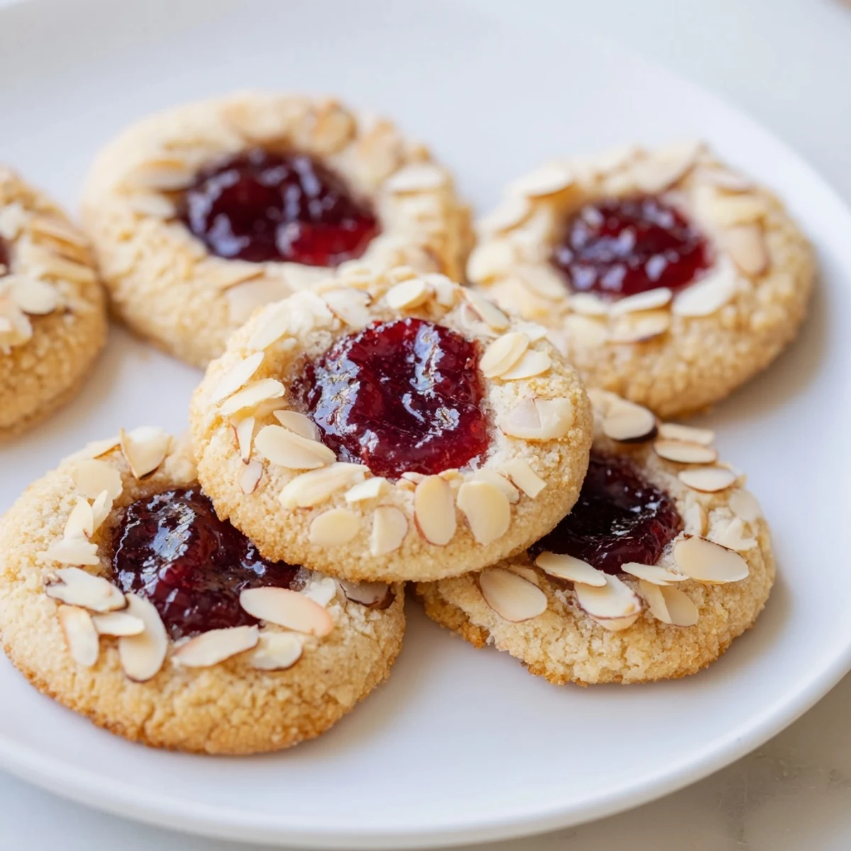 Buttery cherry almond thumbprint cookies, freshly baked and garnished with sliced almonds, ideal for sharing.