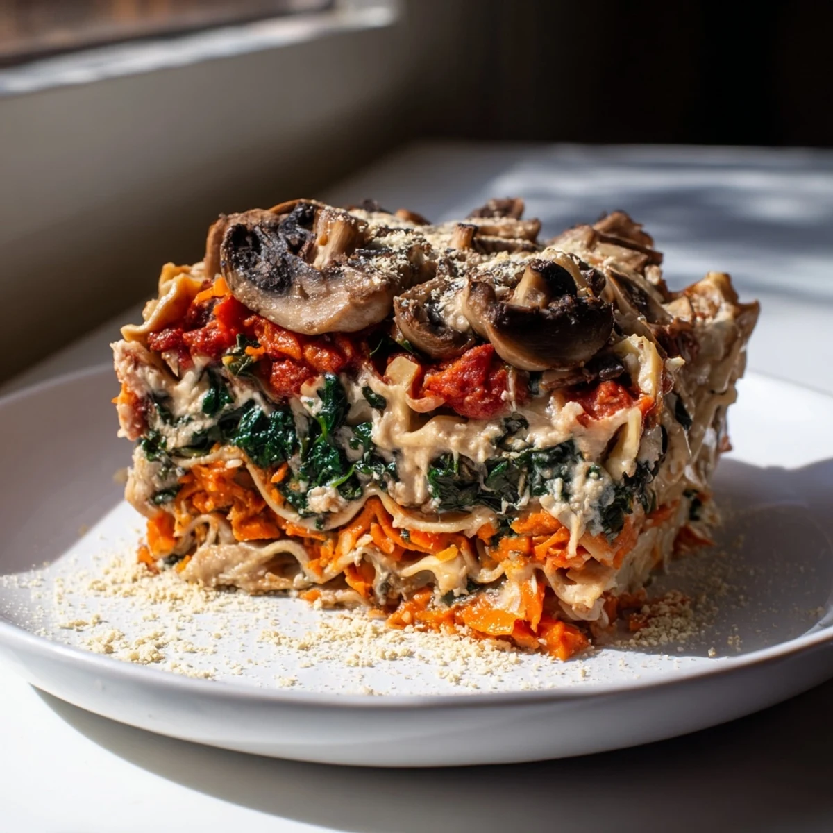 Steaming-hot Vegan Mushroom Spinach Lasagna, layered with creamy béchamel, ready to serve and enjoy.