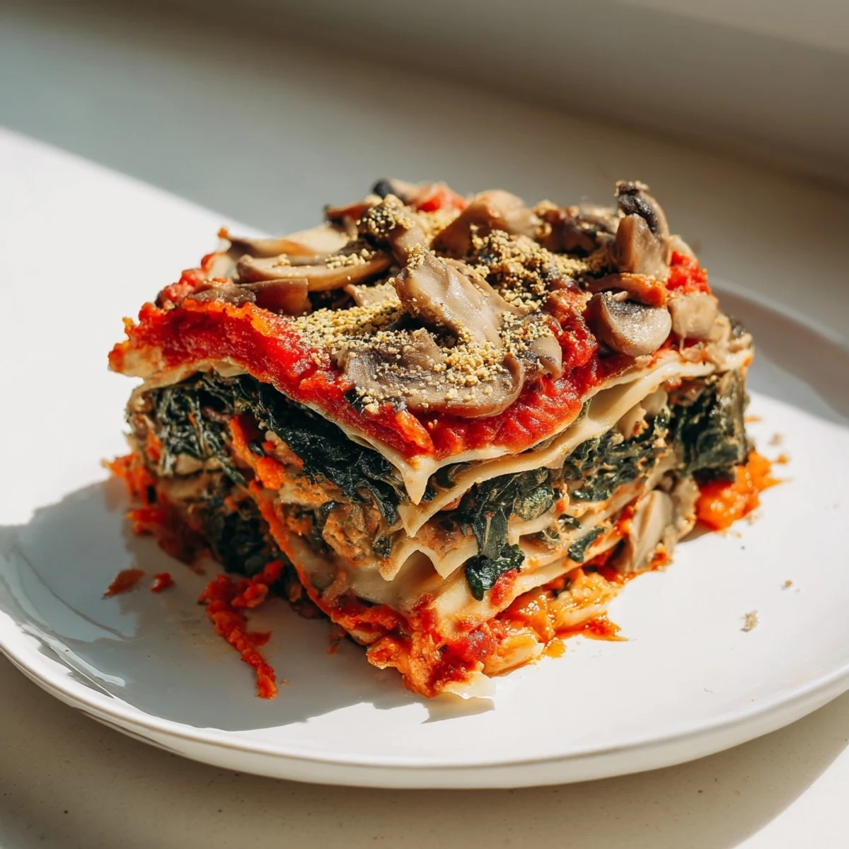 A close-up shot of delicious, plant-based Vegan Mushroom Spinach Lasagna, bubbling from the oven.
