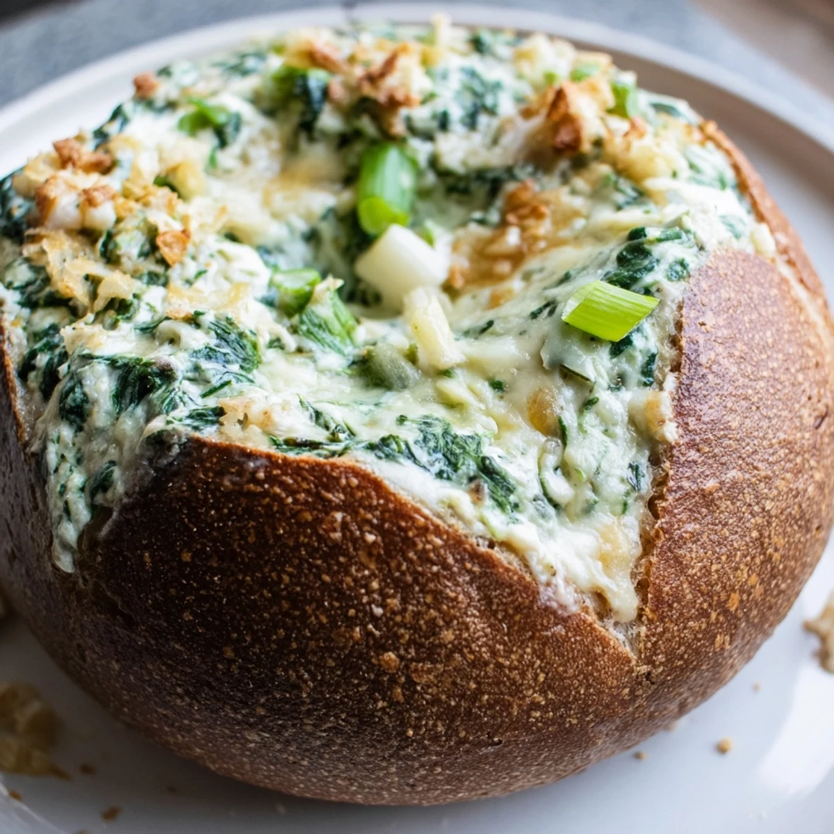 Creamy, green Best-Ever Spinach Dip inside a bread bowl; perfect party appetizer.