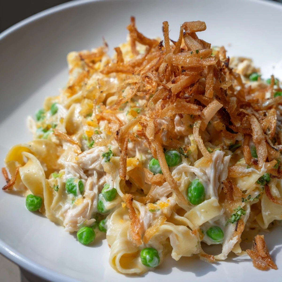 Warm, appetizing Creamy Tuna Noodle Casserole with a crispy onion topping, perfect for dinner tonight.