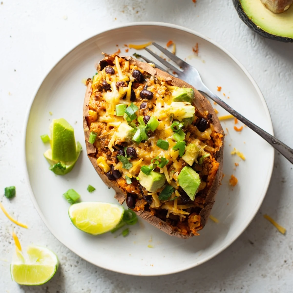 Savory Loaded Baked Sweet Potatoes, filled with flavorful black beans and cheese, garnished with fresh cilantro and lime wedges.