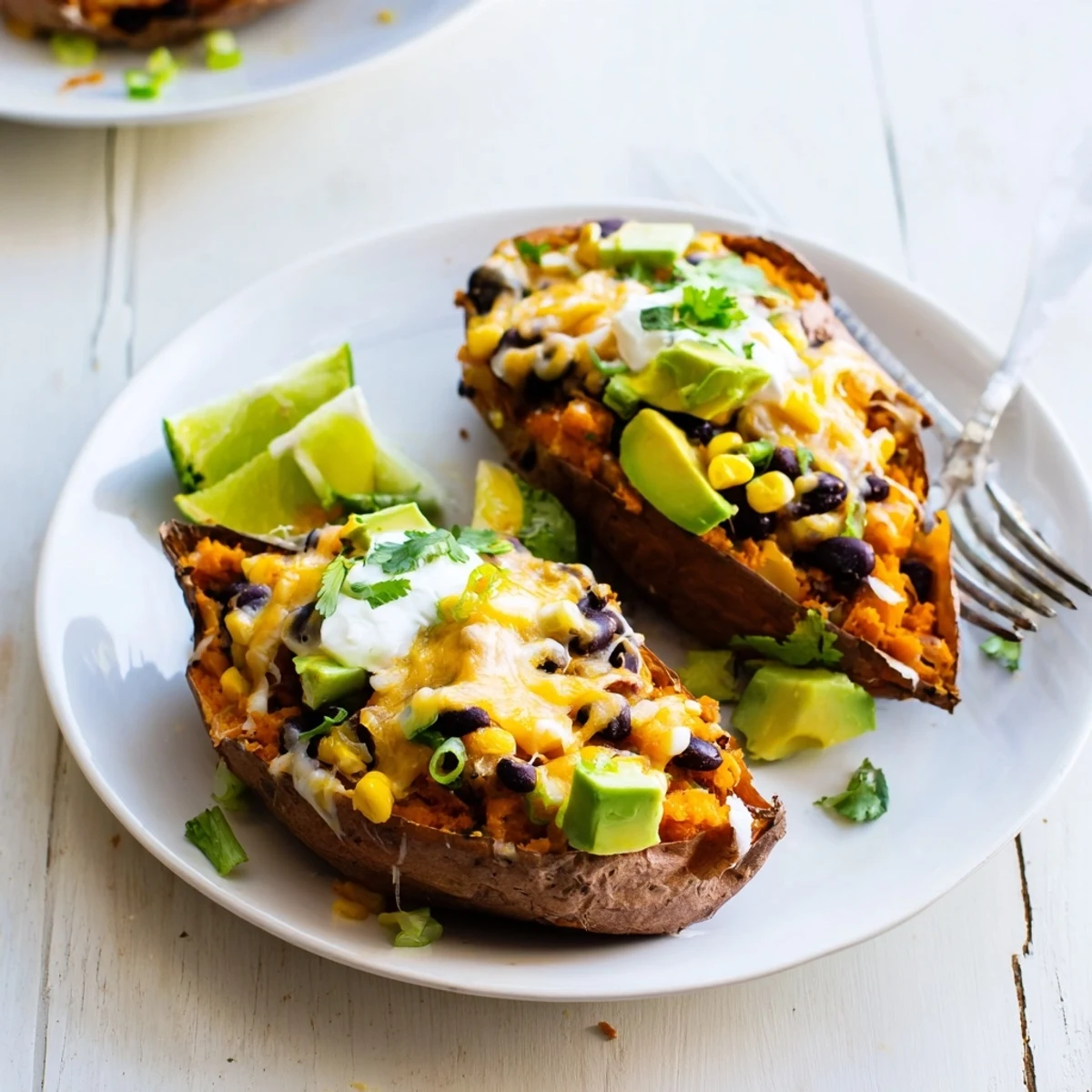 Steaming Loaded Baked Sweet Potatoes, brimming with black beans, corn, and melted cheddar, ready to be enjoyed.