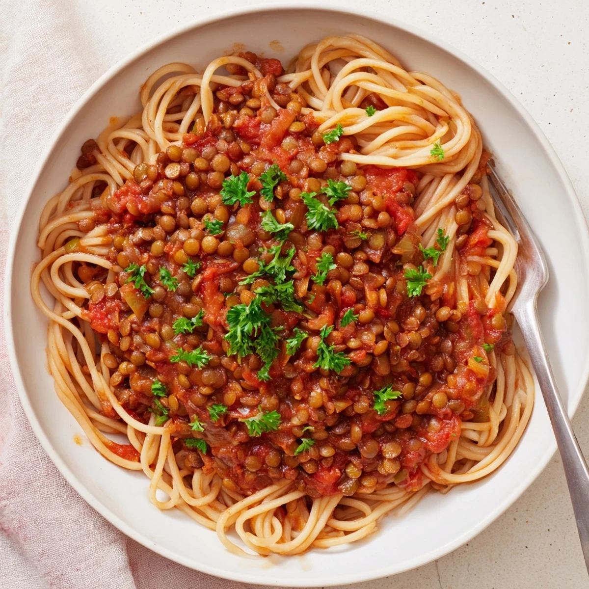 This photo shows a close-up of delicious Hearty Lentil Bolognese, ready to be enjoyed as dinner.