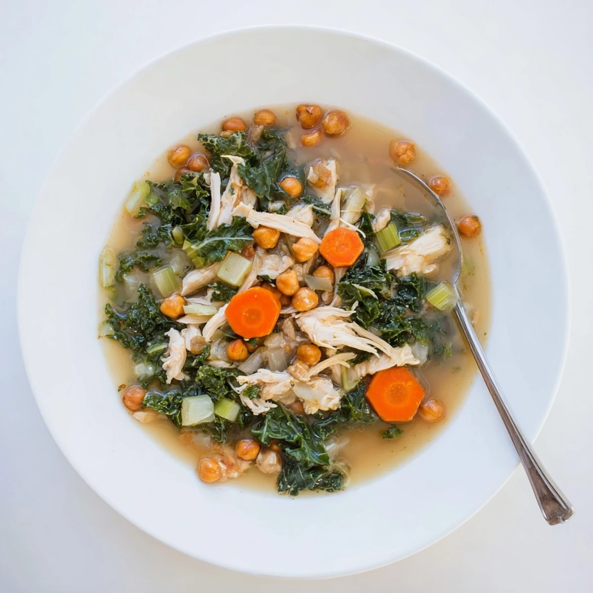 Chicken Kale Soup with Crispy Chickpeas, a warm bowl filled with nourishing ingredients, including golden chickpeas.