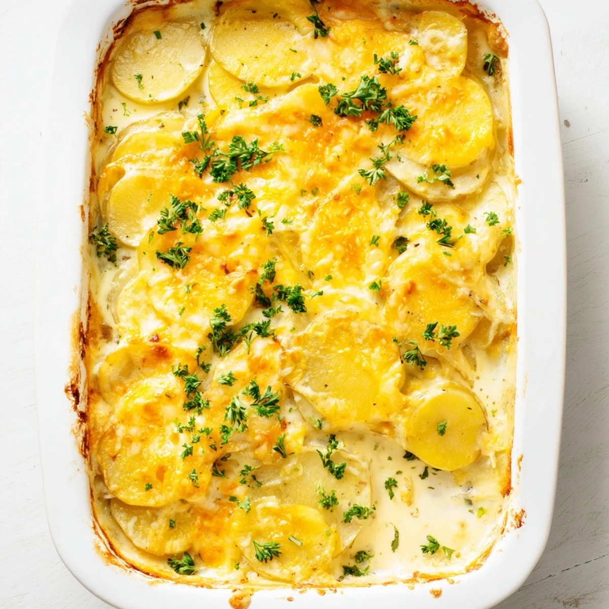 Imagine a close-up of cheesy scalloped potatoes, the perfect family-friendly side dish, with crispy top.