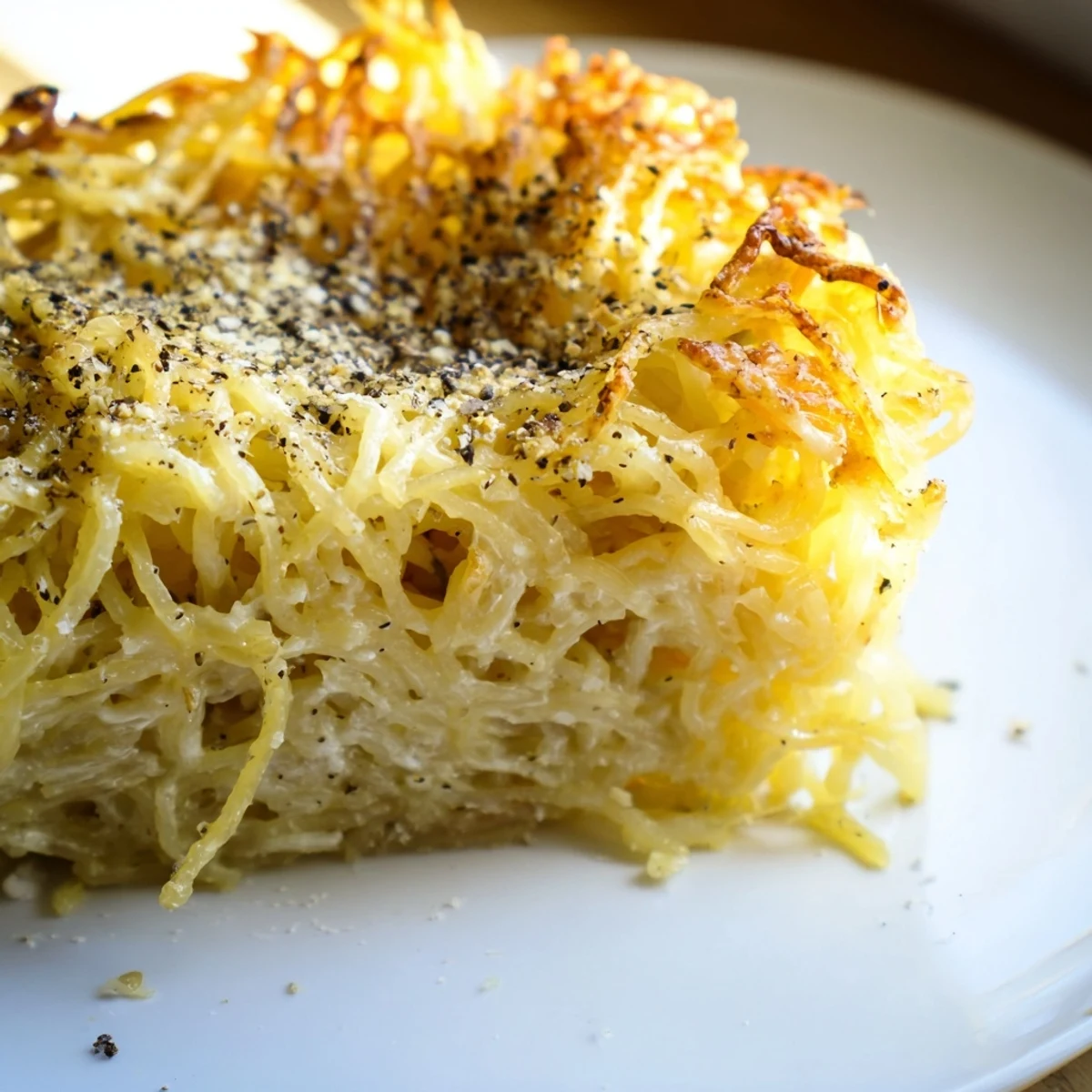 Golden-crusted Cacio e Pepe Pasta Pie, crispy baked layers with creamy cheese and pepper.
