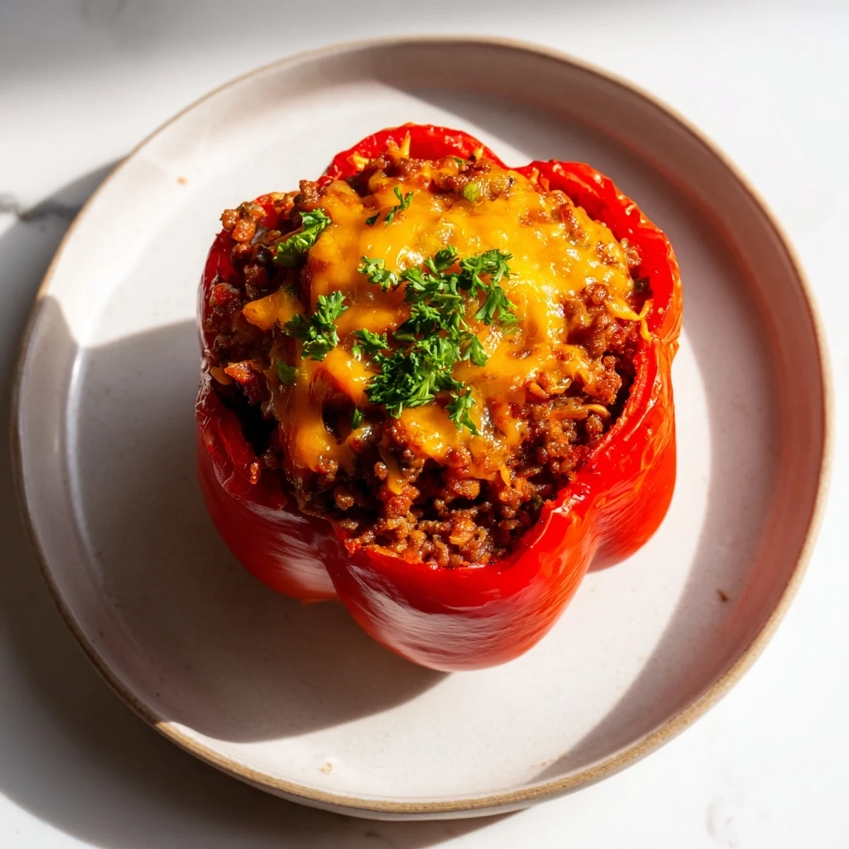 Baked Sloppy Joe stuffed bell peppers, a comfort food classic, bubbling with cheese and hearty filling.