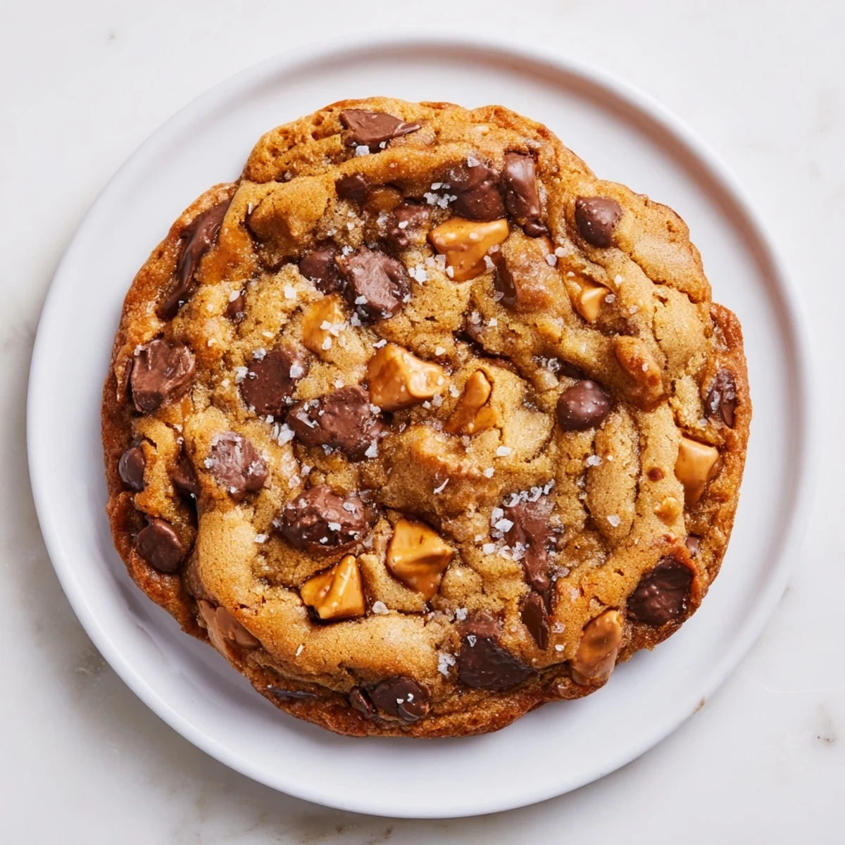 Warm Best Ever Butterscotch Chocolate Chip Cookies with sea salt, perfectly browned and ready to enjoy.