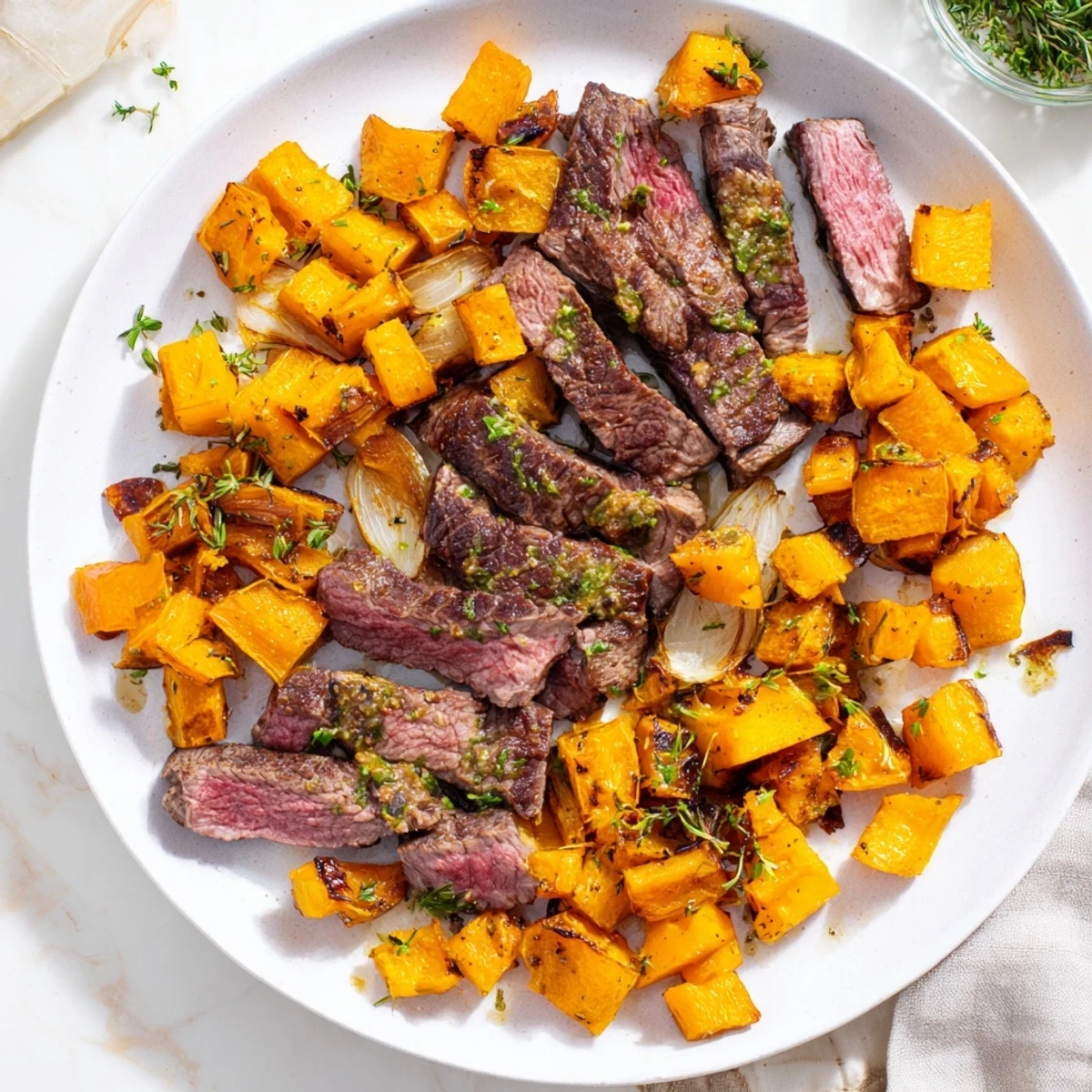 Golden chunks of roasted butternut squash and garlic herb steak in a flavorful bowl.