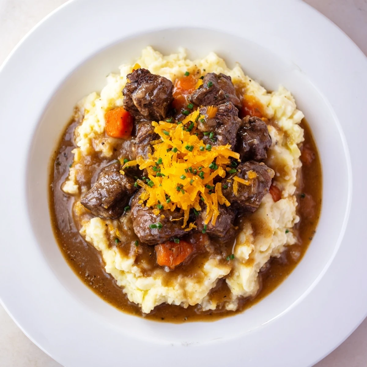 Steaming bowl of Fall Apple Cider Stew Mash over creamy cheddar mashed potatoes, ready to eat.