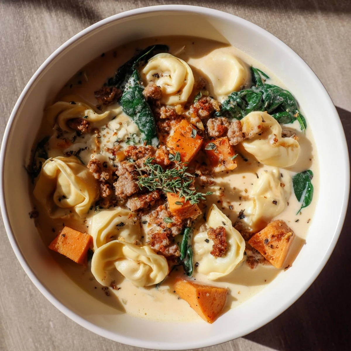 Steaming bowl of creamy sausage tortellini soup with bright spinach and sweet potato chunks.