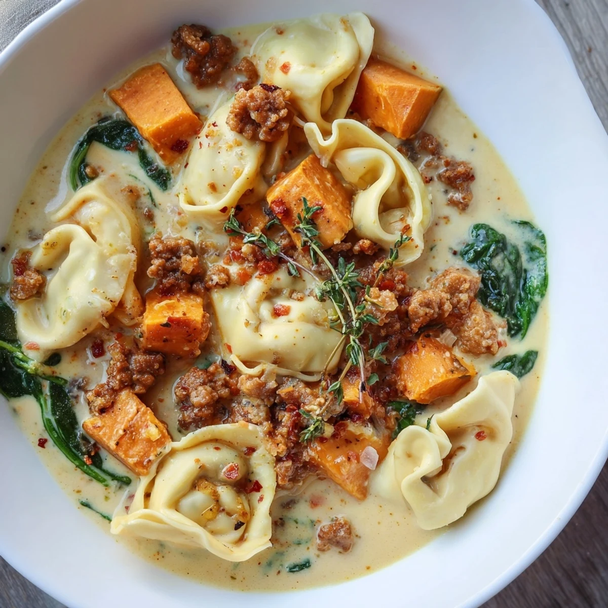 Warm, homemade Creamy Sausage Tortellini Soup, perfect for a cozy dinner, full of flavor and fresh herbs.