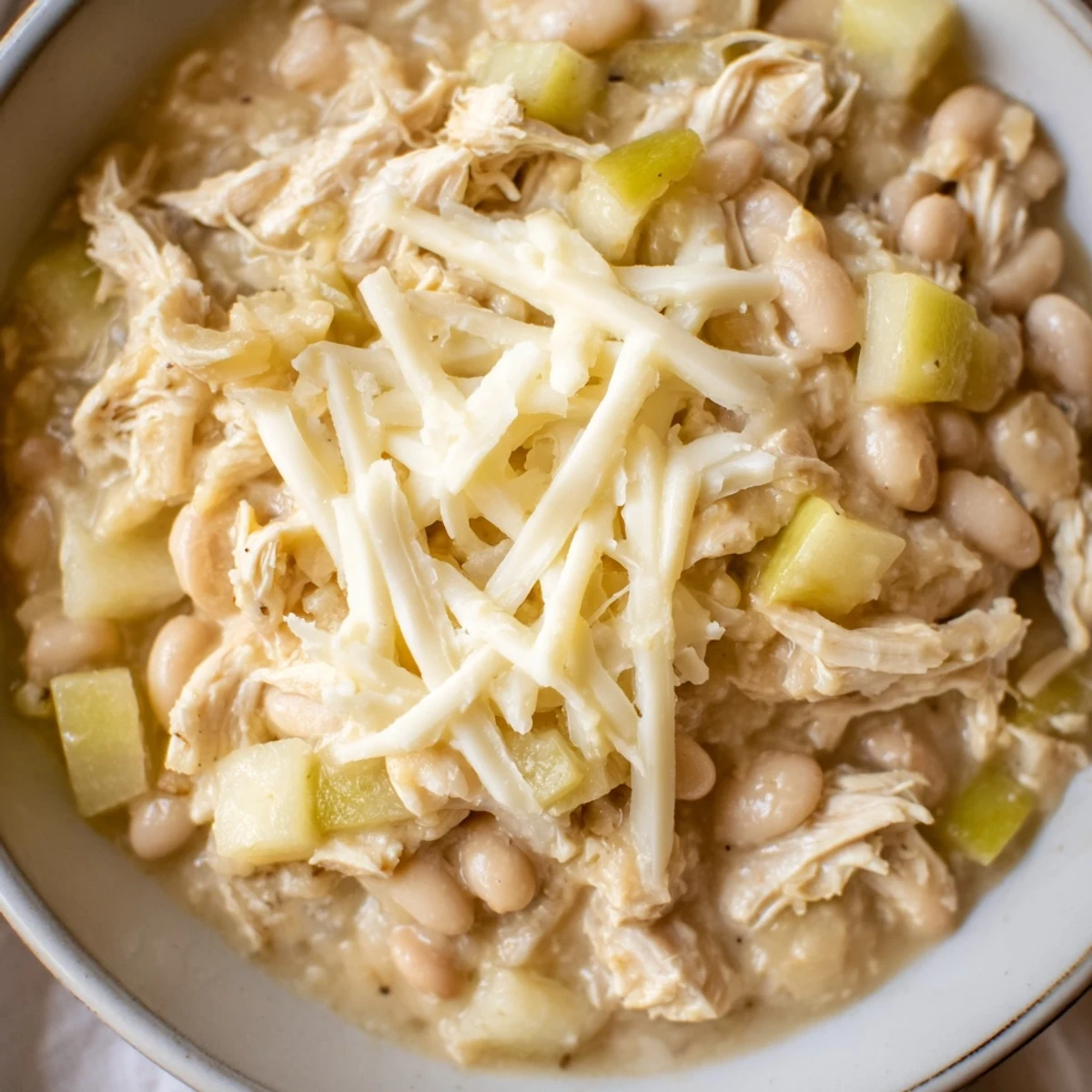 Steaming bowl of 35-Minute White Cheddar Apple Chicken Chili, featuring melted cheese and apples.