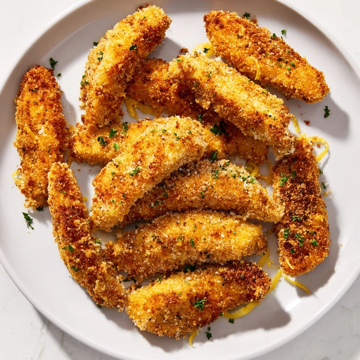 Close-up of freshly cooked Air Fryer Festive Chicken Tenders, showing a crispy breadcrumb coating and tender chicken.