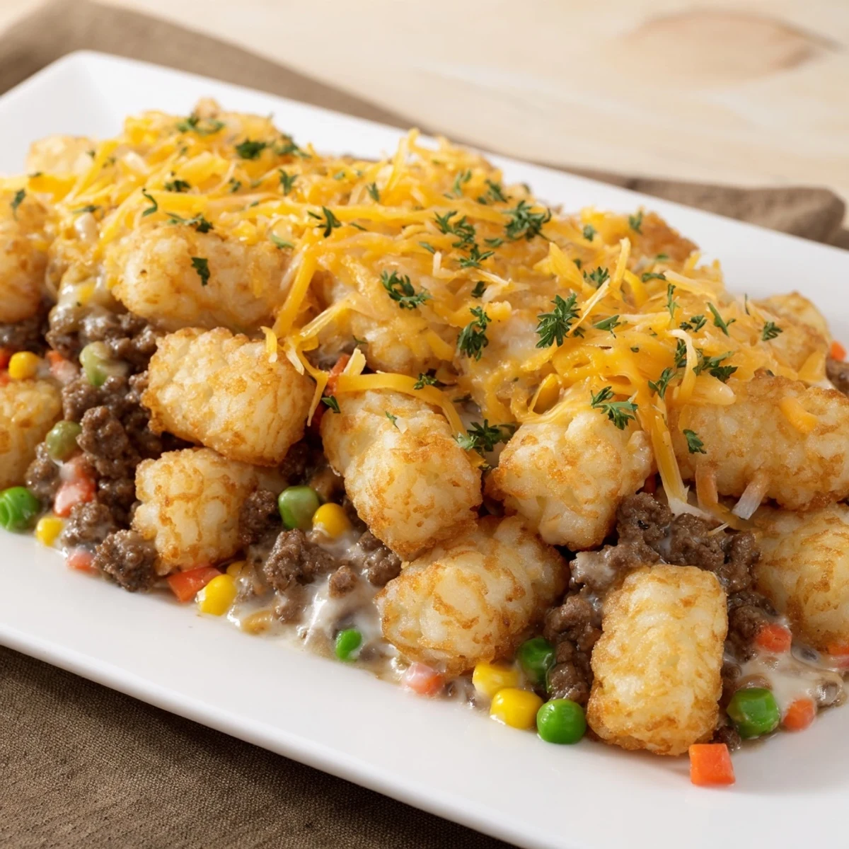 Golden, crispy tater tots crown a bubbling Quick Christmas Tater Tot Casserole with melted cheese.