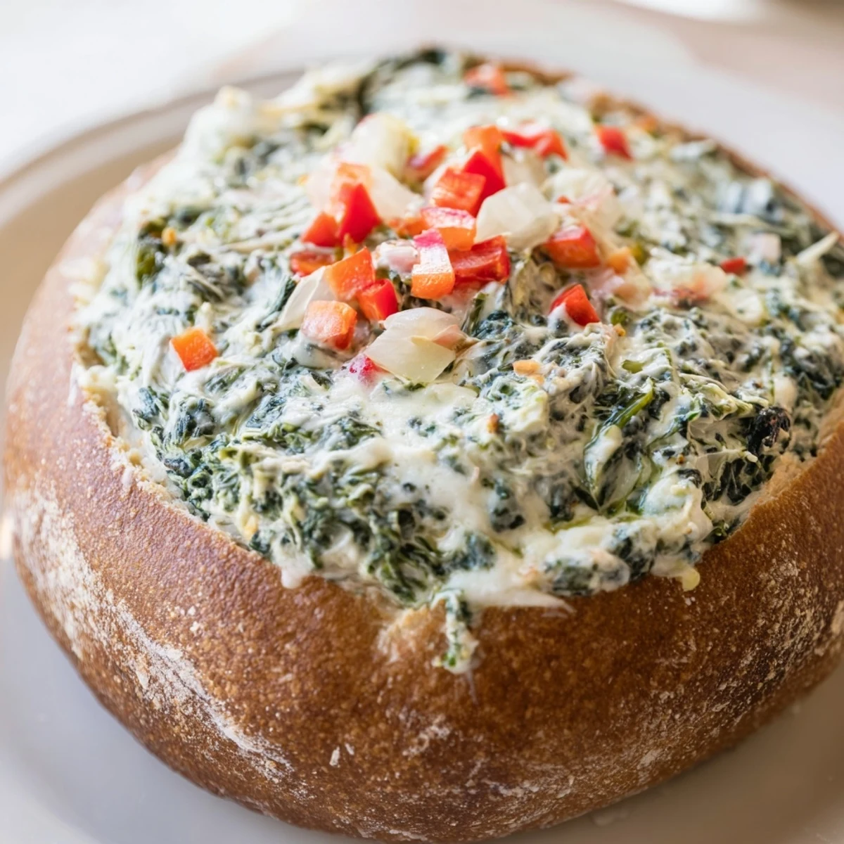 Warm, crusty bread cradles the savory holiday spinach dip, garnished lightly with diced red bell pepper.