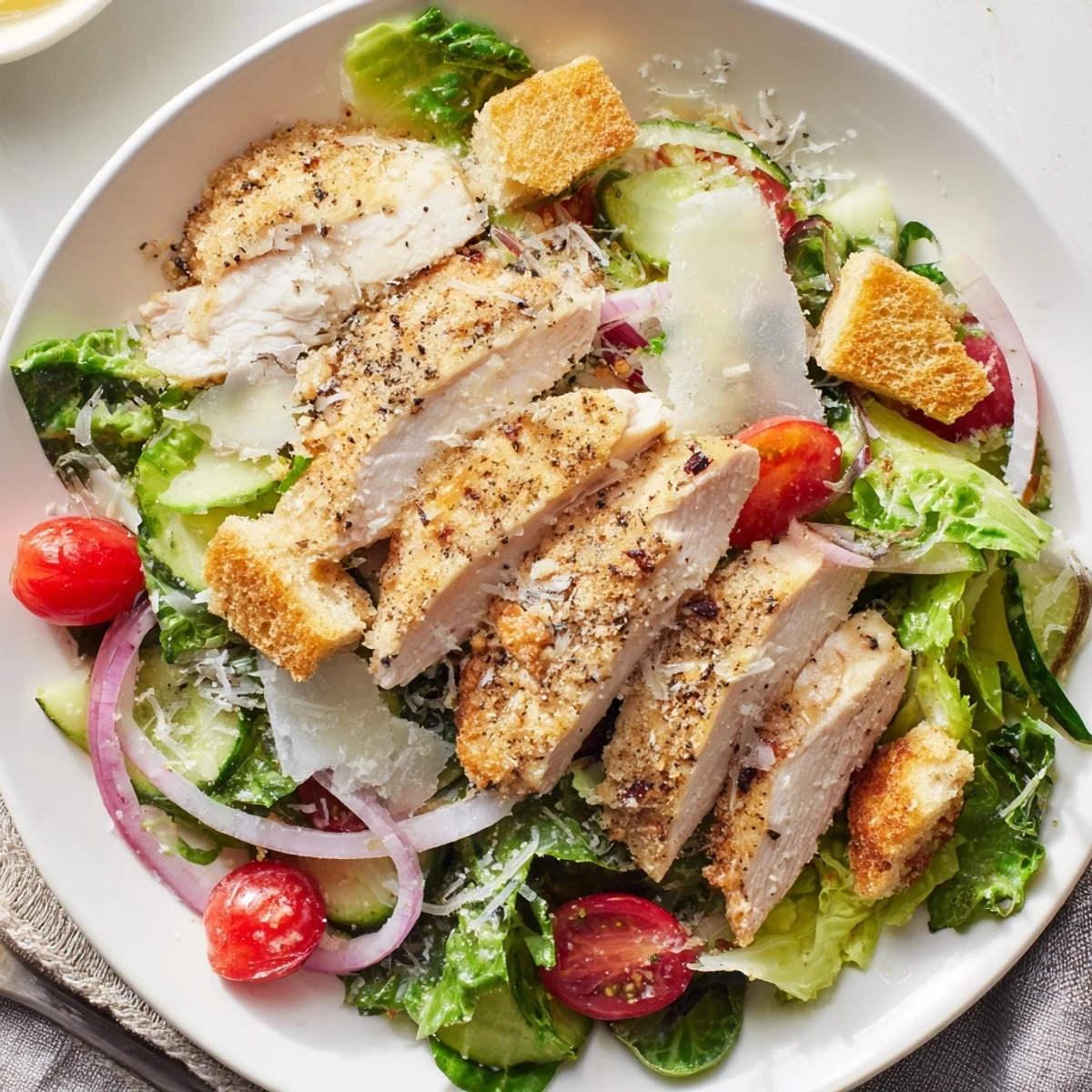 A close-up of a delightful Lemon Parmesan Chicken Salad, with crunchy croutons and a bright lemon dressing.