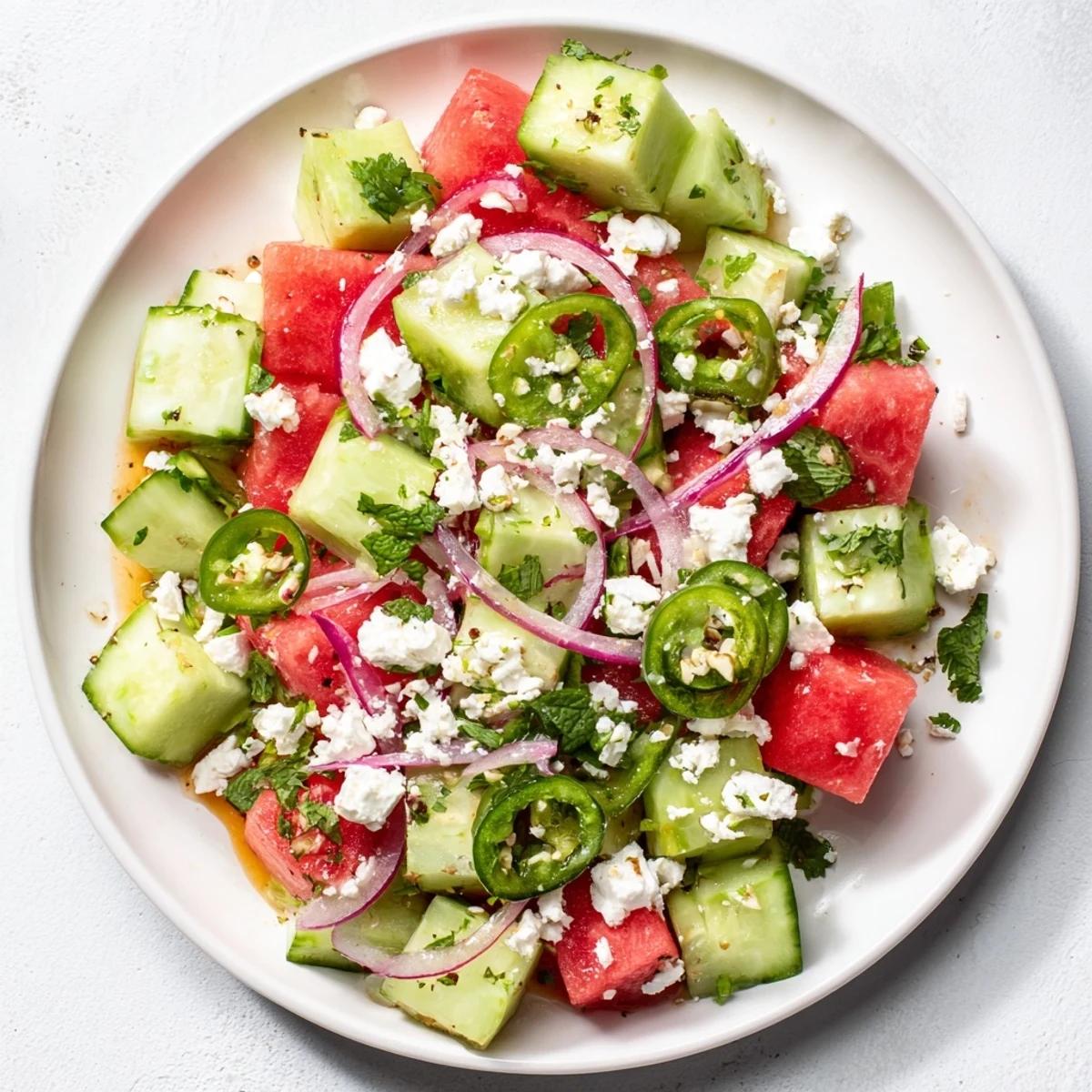 Fresh, layered Cucumber and Watermelon Hot Girl Salad, the perfect light and refreshing summer salad.