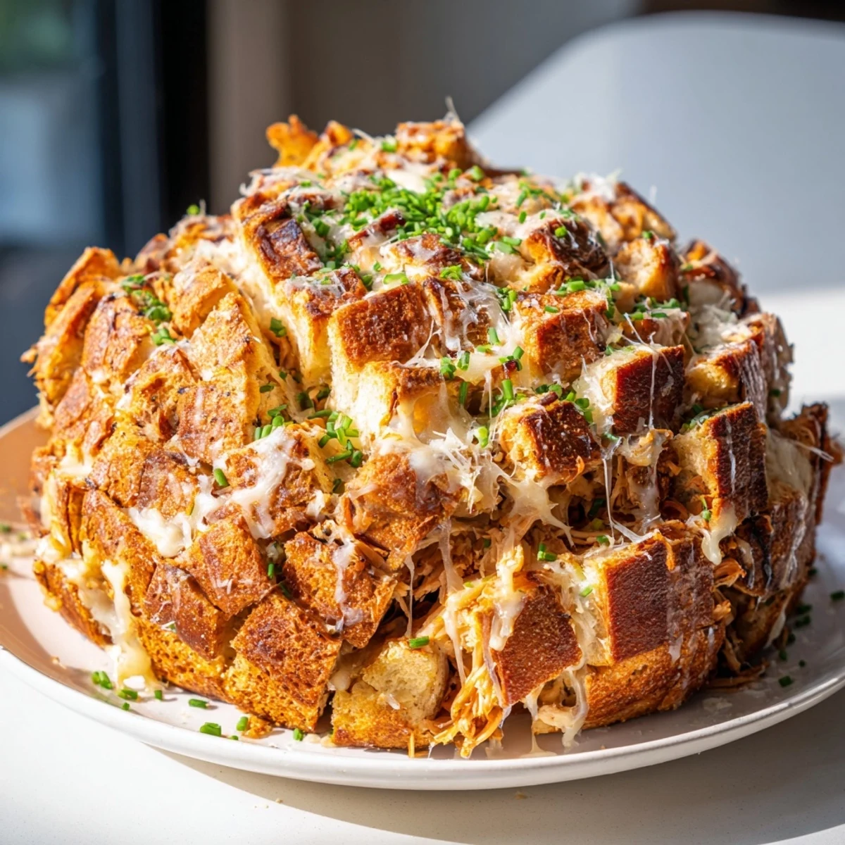 Golden, bubbling Cheesy Leftover Chicken Bake pull-apart bread, stuffed with cheese and chicken, ready to serve warm.
