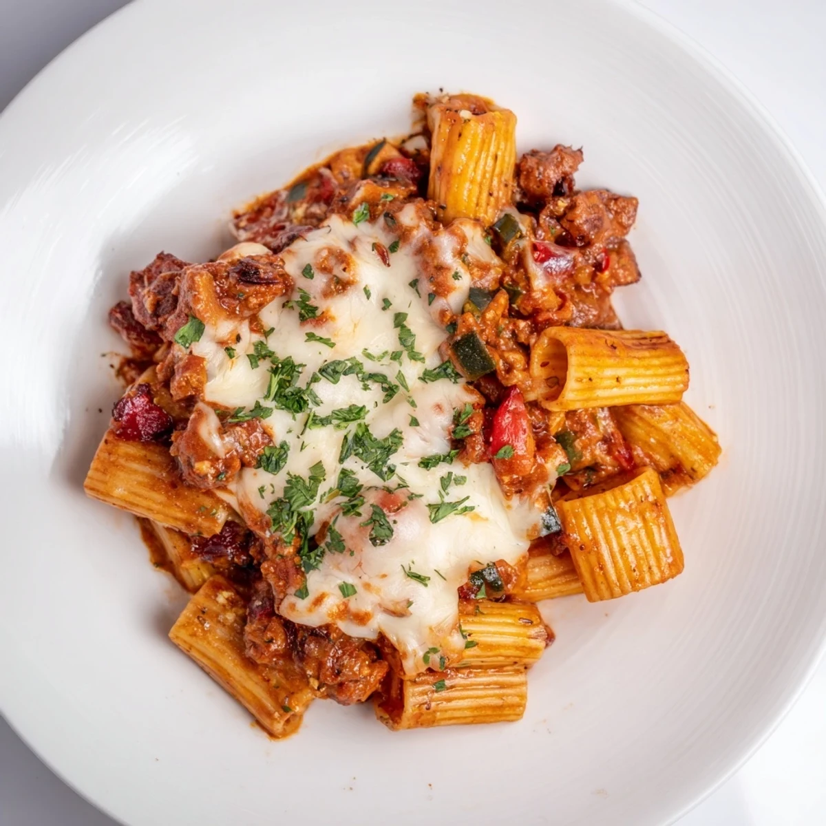 Spicy Vegan Chorizo Baked Pasta, bubbling with melted vegan mozzarella, is a comforting, flavorful Italian-Spanish fusion.