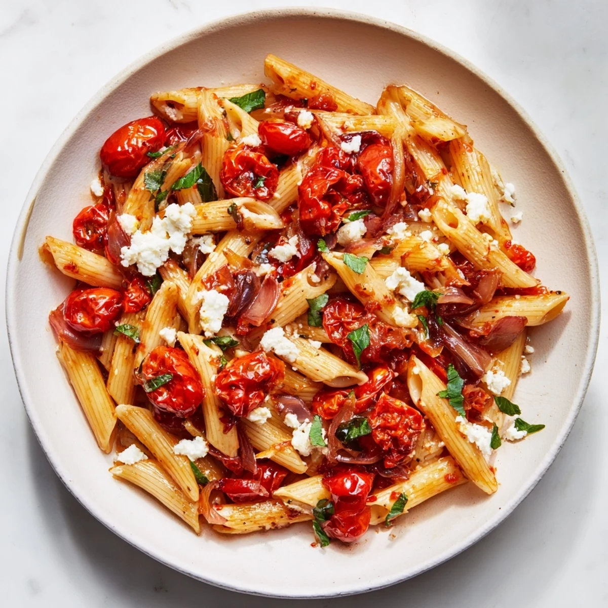 Roasted Baked Tomato & Olive Oil Pasta, glistening with caramelized tomatoes and fresh basil, ready to serve.