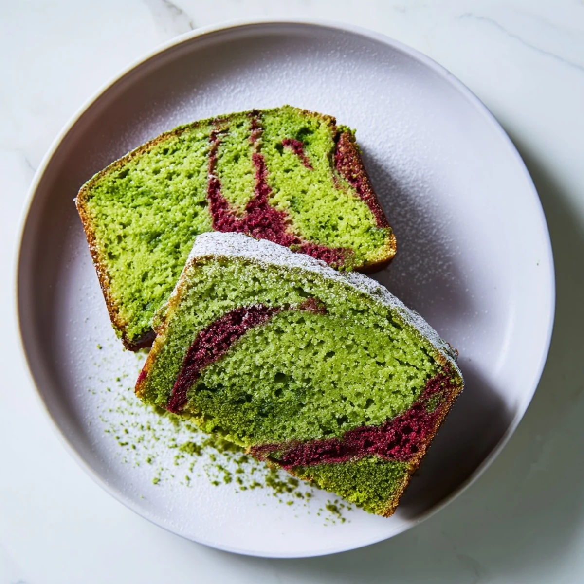 Freshly baked, this matcha marble pound cake boasts beautiful swirls of green tea and berry, perfect for dessert.