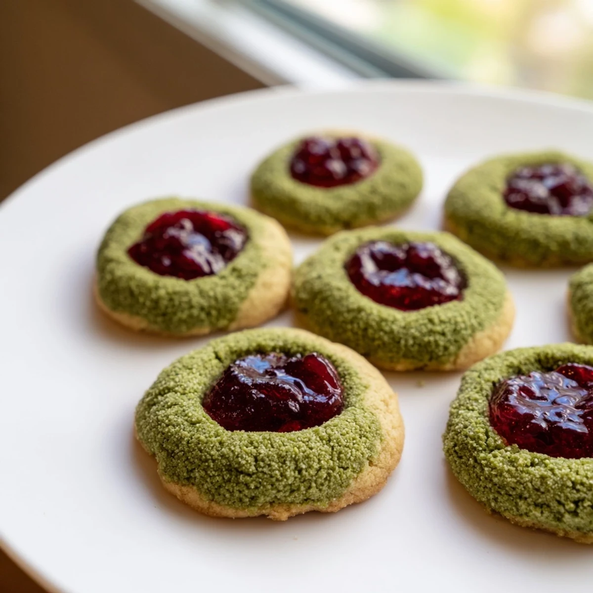 These vibrant green Matcha Cranberry Shortbread Thumbprint Cookies are perfect for a festive gathering.