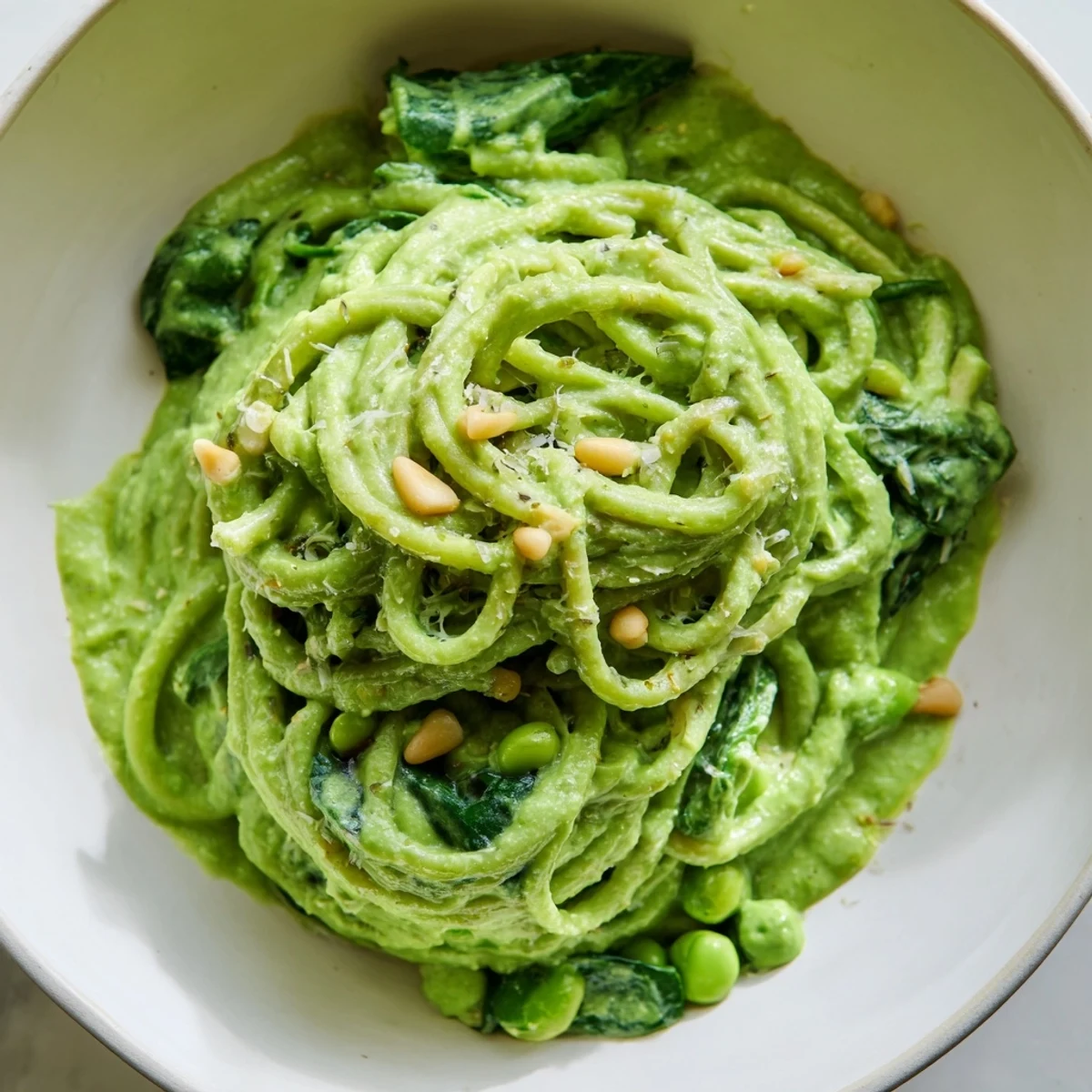 A glossy bowl of Green Pea & Spinach Pasta, bright green sauce clinging to the protein pasta.