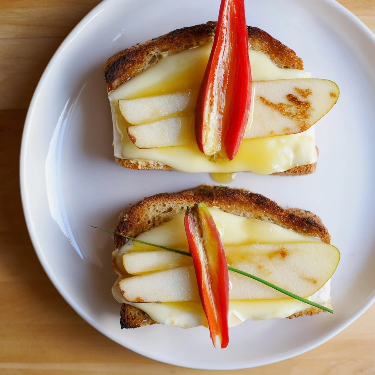 Golden-brown Brie, Apple & Honey Christmas Candle Grilled Cheese, dripping with melted Brie and sweet honey.