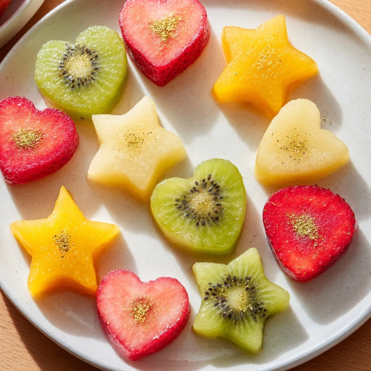 Freshly cut Midnight Kiss garnishes: Colorful star and heart fruit shapes ready to float in celebratory drinks.