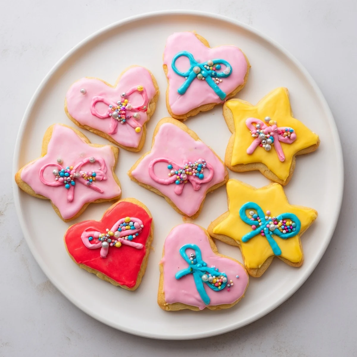 Freshly baked Pretty Bows Heart & Star Cookies, beautifully decorated, are ready for gifts and celebrations.