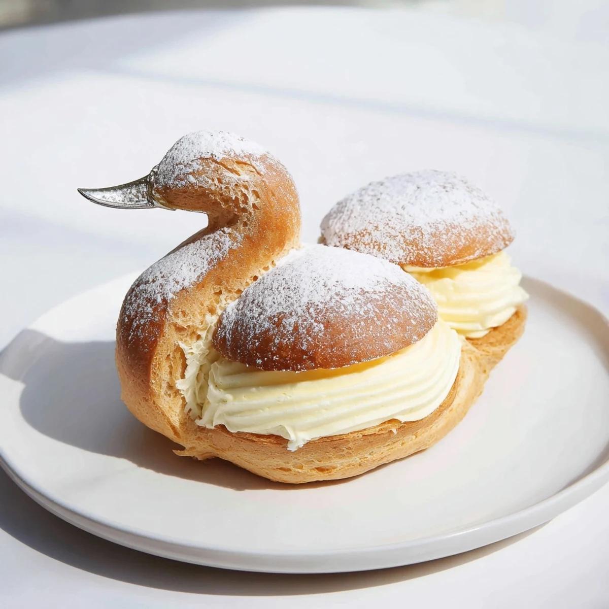 Feathered Friend Swan Pastry Platter's light, airy pastry shells filled with fresh, vanilla-infused cream.
