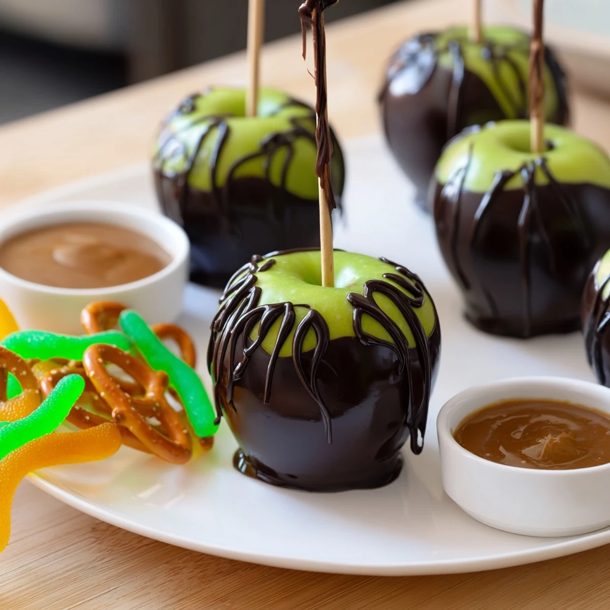 Beautiful, glossy poison apples gleam on a Halloween treat board ready for a party.