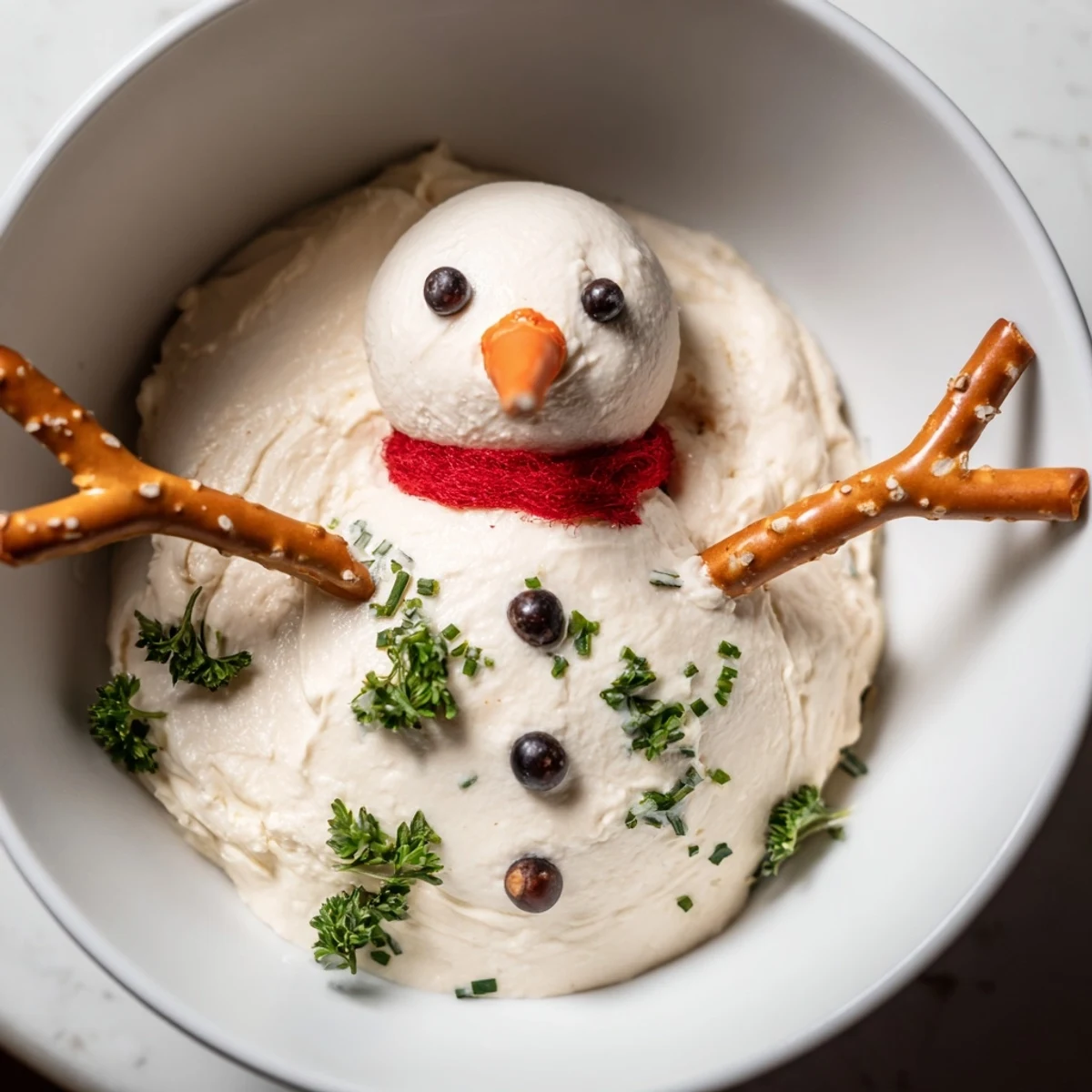 Melted Snowman Dip, a creamy, whimsical appetizer served with colorful bell pepper scarves and veggie sticks.