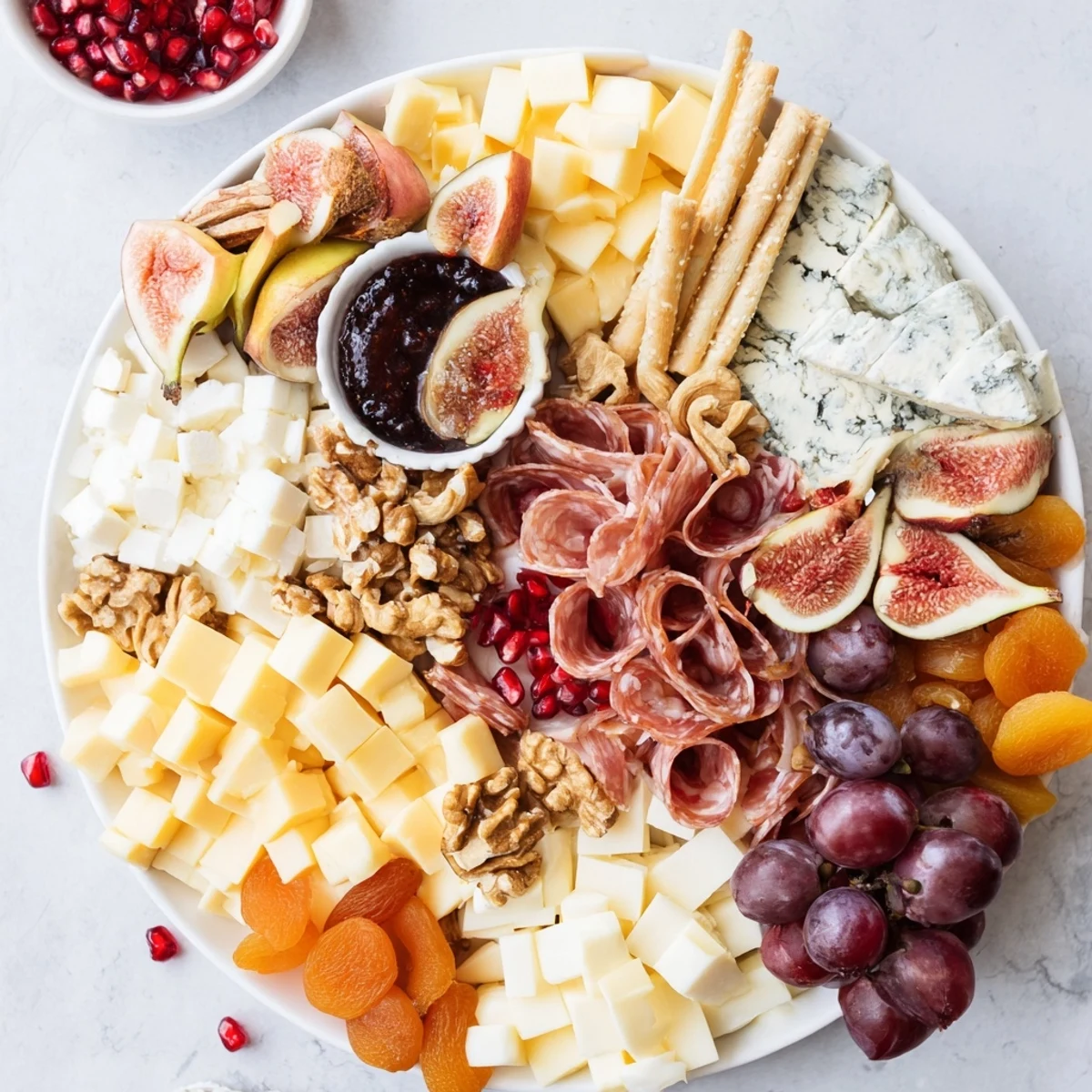 A celebratory Moments Magiques Plateau Bonne Année 2026 appetizer platter with French cheeses and charcuterie.