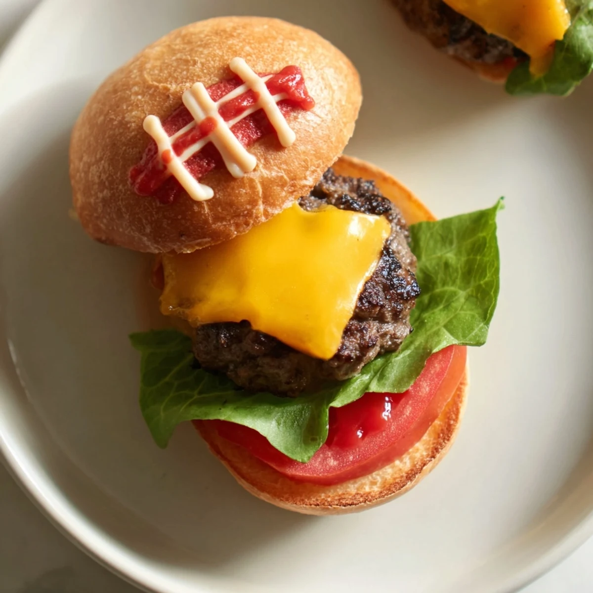Delicious, mini American football oval burgers arranged on a platter with fries, perfect party food.