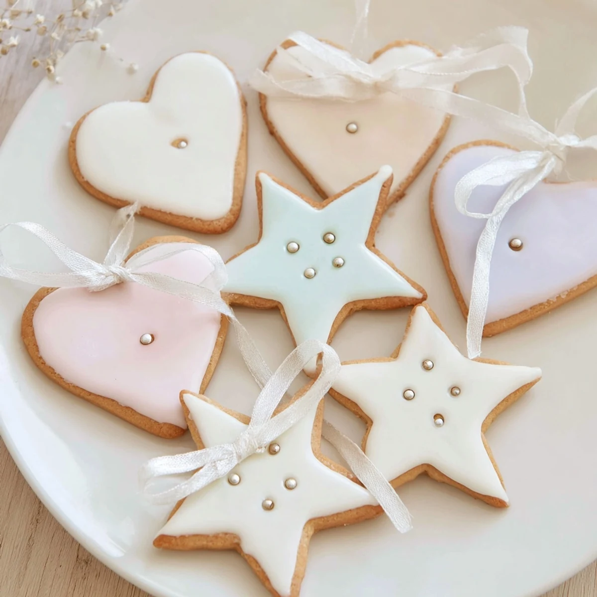 Imagine an array of festive heart and star Mignonneries Coeurs et Étoiles Rubans cookies, dusted with icing and ready to be enjoyed.